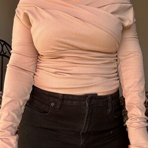 Peach Love California Ribbed Off-Shoulder Crop Top - Blush